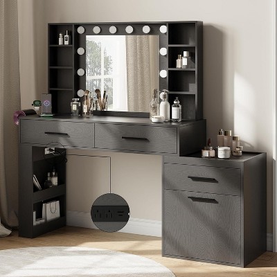 Ora Maison Convertible Vanity Desk 57", Large Makeup Table with 3-Color LED Mirror, Power Hub & Ample Storage for Bedroom