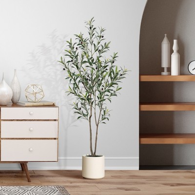 DR.Planzen Artificial Olive Trees, 5-7FT Tall Fake Olive Trees for Indoor, Large Olive Plants with White Planter for Home Decor and Housewarming Gift