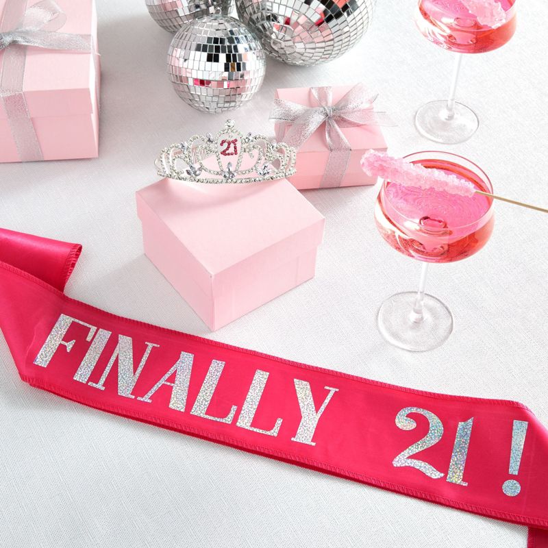 Juvale 21st Birthday Sash and Crown Set, Finally 21 Hot Pink Reflective Sash and Rhinestone Crown Tiara for 21st Birthday Party Supplies, 3 of 11