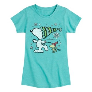Girls' - Peanuts - Snoopy Woodstock Skate Fitted Short Sleeve Graphic T-Shirt - 1 of 4