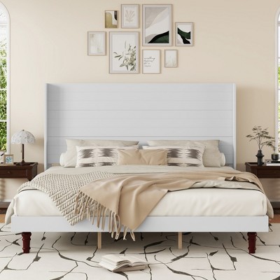 Queen/King Size Platform Bed with Comfortable High Headboard Bed, White/Beige-ModernLuxe