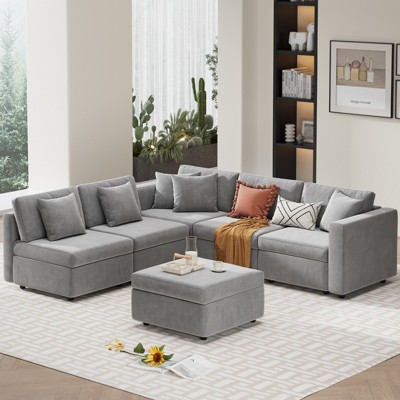 Buenhomino Sectional Sleeper Sofa, 6 Seaters Modular Sleeper Sofa Couch Bed, Convertible Sofas with Ottoman, Modular Sectional Couches for Living Room