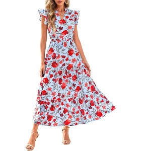Coolmee Women's Summer Floral Midi Dress Casual Cap Sleeve V Neck Ruffle Tiered Flowy Boho Long Sundresses - 1 of 4