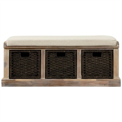 XINGHANZHENXUAN Entryway Bench with 3 Rattan Baskets & Cushion, No Assembly Needed, 220lb Capacity