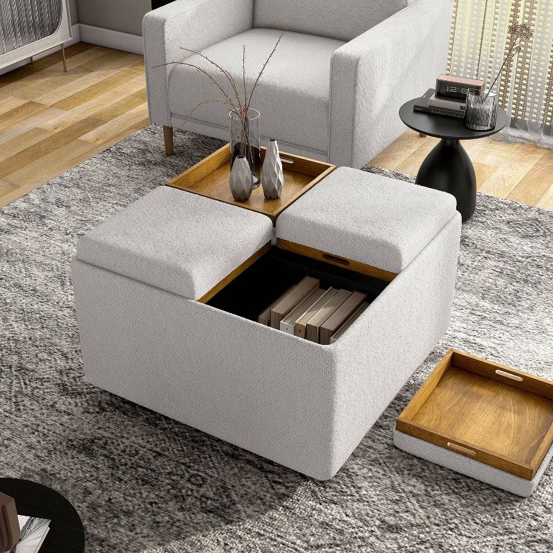 HOMES: Inside + Out 32&#34; Leafwarden Square Boucle Upholstered Mobile Storage Ottoman with Removable Trays White/Light Oak, 3 of 15
