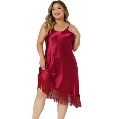 cheibear Women's Satin Sleeveless Tassel Hem Nightgown Cami Dress Nightgown