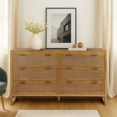 Hatteras Modern Boho 6-Drawer Dresser with Solid Wood & Natural Rattan Accents-Teamson Home