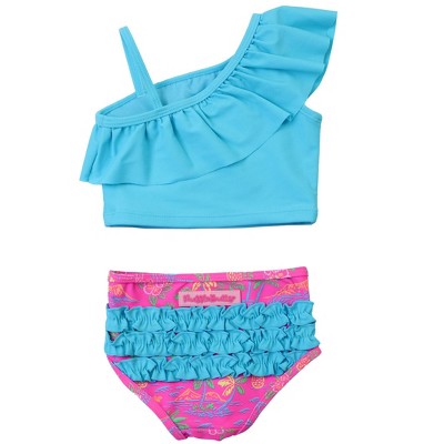 RuffleButts Toddler Girls One Shoulder Ruffle Tankini - Neon Island Time, 4T — фото 2
