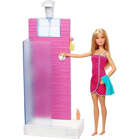 Barbie Doll Bathroom with Working Shower and Three Bath Accessories, Gift Set - image 1 of 4