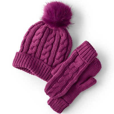 Lands' End Women's Removable Pom Beanie and Mitten Gift Set