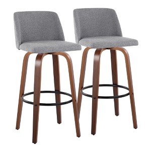 30" Mid-Century Modern Barstools Set of 2 with Swivel, Tufted Seat, and Wood Legs with Round Metal Footrest - 1 of 4