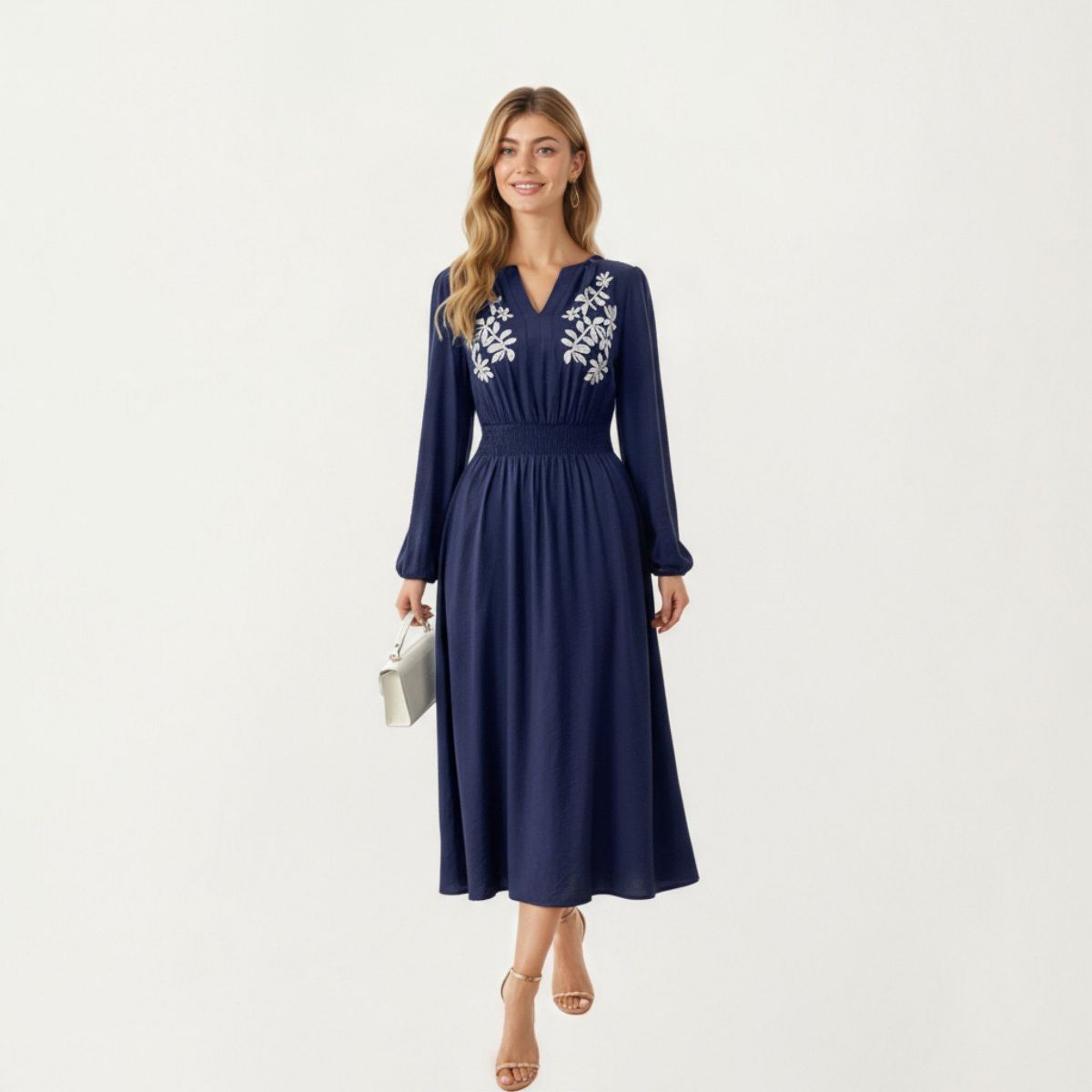 Anna-Kaci Women's Long Sleeve Embroidered Midi Dress with Smocked Waist and V-Neckline - thumbnail 2