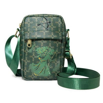 Disney Bag, Crossbody, Brave Merida Running Pose Silhouette with Bow and Celtic Knot, Vegan Leather