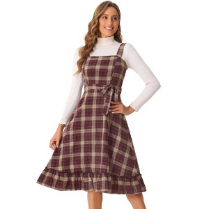 Allegra K Women's Plaid Ruffled Sleeveless Tie Waist A-Line Pinafore Overall Dress - 1 of 4