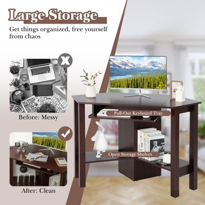 Compact Functional Brown Wood Corner Desk with Keyboard Tray and Drawer
