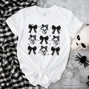 Coquette Skulls and Bows T-Shirt, Gothic Halloween Tee for Stylish Women| OrnamentallyYou - 1 of 4