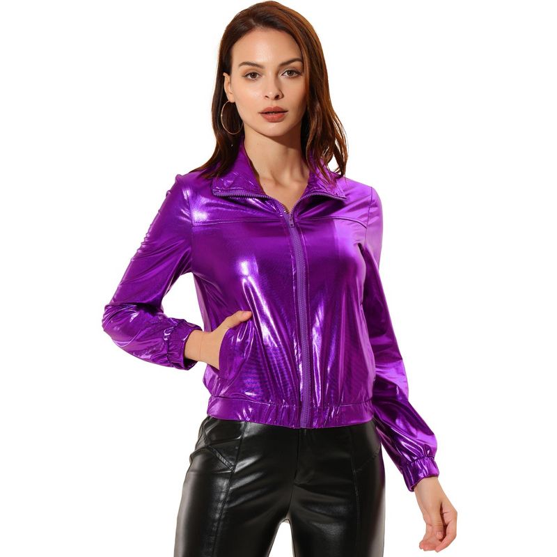 Allegra K Women's Holographic Shiny Long Sleeve Metallic Zip Front Track Jacket, 1 of 7