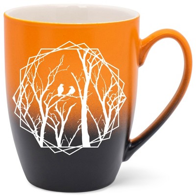 Elanze Designs Birds and Branches Two Toned Ombre Matte Orange and Black 12 ounce Ceramic Stoneware Coffee Cup Mug