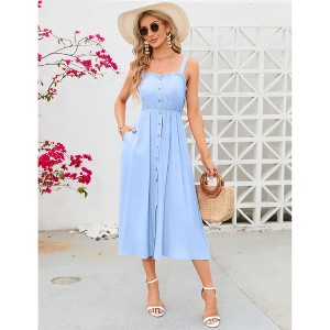 Clearlove Women's Casual Summer Midi Dress Spaghetti Strap Button Down Sleeveless A-Line Beach Swing Sundress - 1 of 4