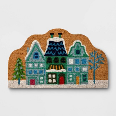 1'6"x2'6" Winter Village Coir Christmas Doormat Blue - Wondershop™: Outdoor Medium Pile, Natural Fiber, Classic Pattern