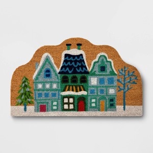1'6"x2'6" Winter Village Coir Christmas Doormat Blue - Wondershop™: Outdoor Medium Pile, Natural Fiber, Classic Pattern - 1 of 4