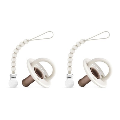 Image of Lulababe Pacfier and Clip Set - Soft Silicone Paci and Clip Holder Newborns and Infants - Sugar Swizzle + Mocha, Stage 1  (0-6m) - 2 Sets