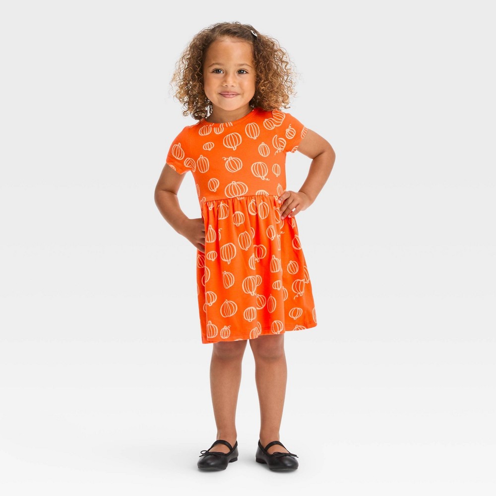 Toddler Girls' Pumpkin Short Sleeve Dress - Halloween - Cat & Jack™ Orange 12M