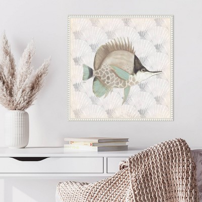 Neutral Vintage Fish Graphic Art on Canvas with White Frame