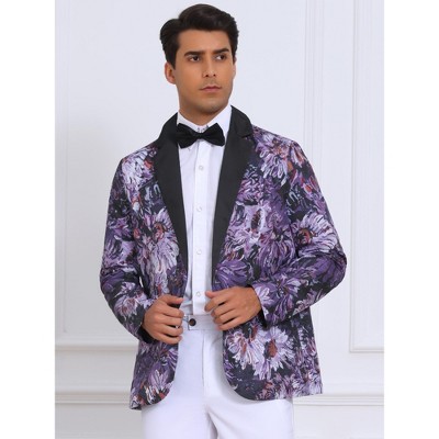 INSPIRE CHIC Men's Single Button Notch Lapel Prom Flower Print Suit Jacket Medium Purple Black — фото 3