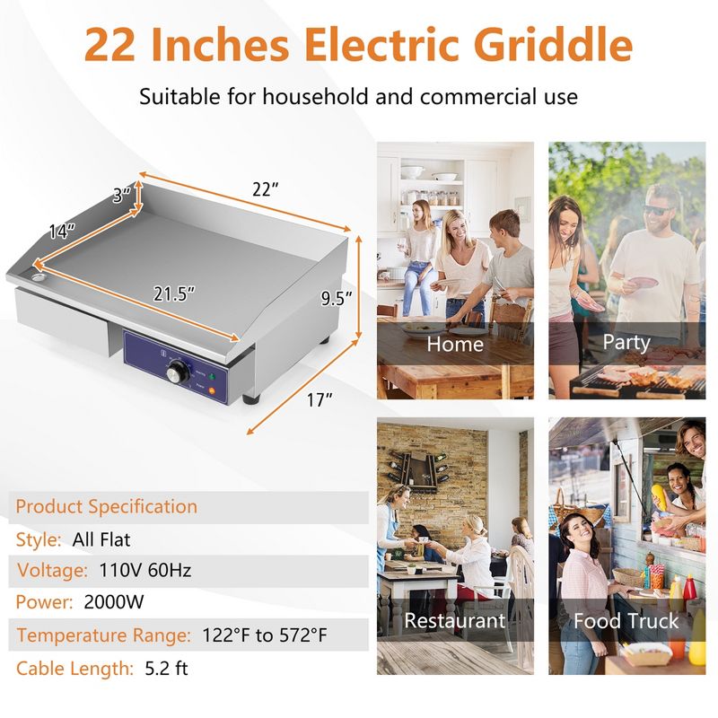 Costway 22'' Commercial Electric Griddle 110V 2000W Flat Top Countertop Grill 122℉-572℉, 3 of 11