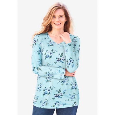 Woman Within Plus Size Perfect Printed Long-Sleeve V-Neck Tee