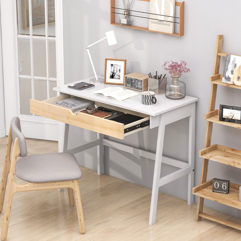 Tangkula White Computer Desk with Storage Wood Modern Writing Desk Large Drawer & Rubber Wood Legs Study Desk for Small Space, 3 of 9