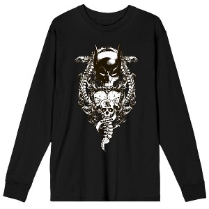 Batman Bat Mask And Three Skulls Men's Black Crew Neck Long Sleeve Graphic Tee - 1 of 2