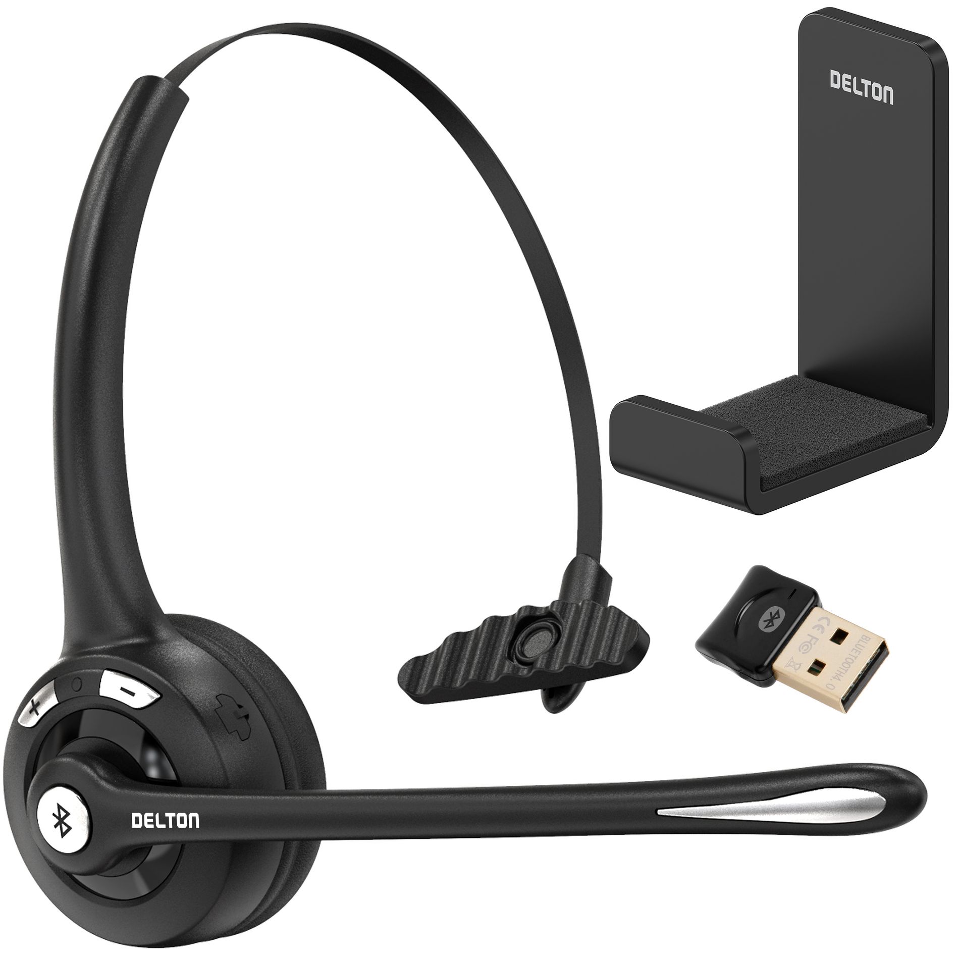 Delton 10X Wireless Noise-Cancelling Bluetooth Computer Headset with USB Dongle & Hook, Black