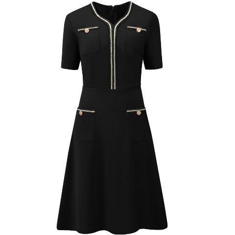 Женские платья INSPIRE CHIC Women's Tweed Trim Pockets V Neck Short Sleeve A-Line Midi Dresses Black Small
