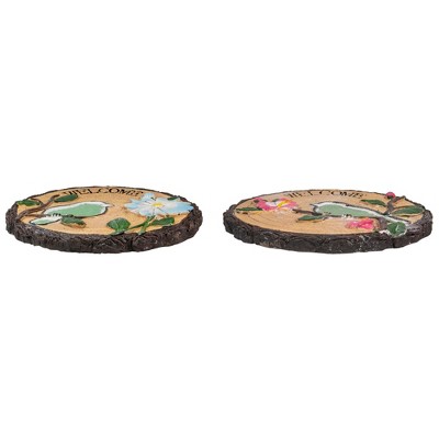 Set of 2 Green Bird and Flower Faux Wood Garden Stones