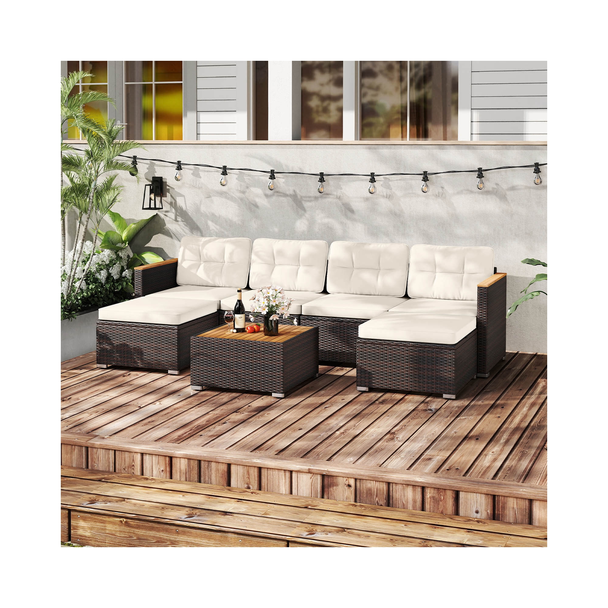 Costway 7 PCS Wicker Conversation Set with Seat & Back Cushions Wood Armrests & Tabletop