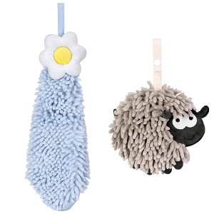 REGALWOVEN Flower and Sheep Shape Absorbent Fast Drying Chenille Hand Towels with Hanging Loop 6" x 15"/7" x 7" 2 Packs - 1 of 4