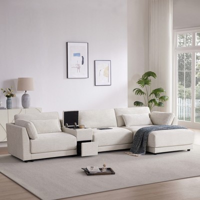 124" Chenille Modular L-Shaped Sectional Sofa with Storage Console, Movable Ottoman, USB & Wireless Charging