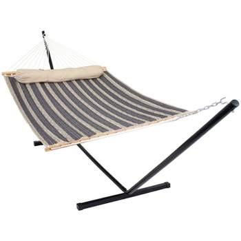 Sunnydaze Outdoor 2-Person Double Polyester Quilted Hammock with Wood Spreader Bar and 12ft Black Steel Stand