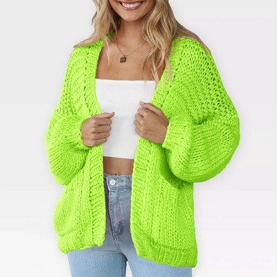 Women's Sweater Knit Cardigan with Pockets - Open Front Cable Knit Chunky Thick Sweater for Comfy Winter Knitwear,Fluorescent Green - S