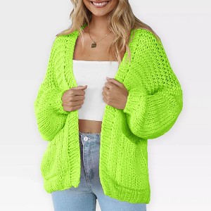 Women's Sweater Knit Cardigan with Pockets - Open Front Cable Knit Chunky Thick Sweater for Comfy Winter Knitwear,Fluorescent Green - 2XL - 1 of 4