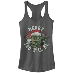 Juniors Womens Star Wars Christmas Yoda Merry You Will Be Racerback Tank Top - 1 of 3
