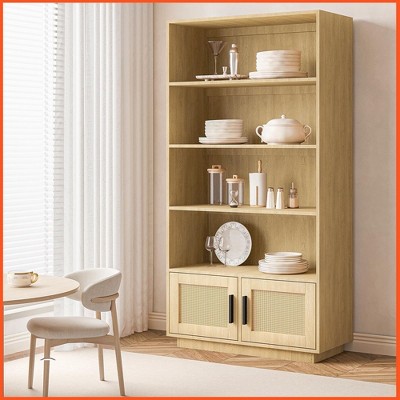 5 Tier Boho Wooden Bookcase with Rattan Doors, Tall Open Shelf Book Stand with Storage