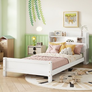 VASIP Twin Pine Wood Bed with Bookcase Headboard and Safety Guardrails ,for Kids' & Teen Rooms,Gray - 1 of 4