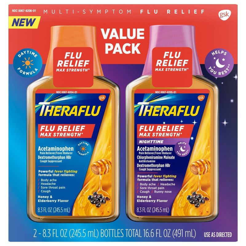 Theraflu Multi-Symptom Flu Relief Max Strength Day &#38; Night Liquid - Honey Elderberry - 16.6 fl oz, 1 of 8