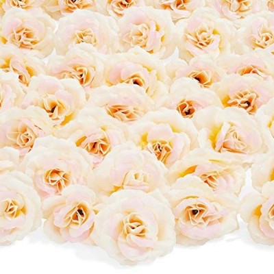 50 Pack Artificial Fake Silk Rose Flower Heads for Wedding Decoration, Bridal Bouquet, Home Decor - Champagne