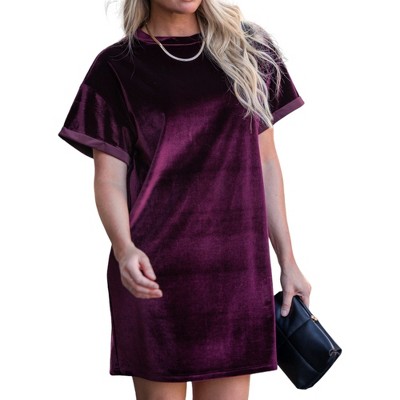 Amaryllis Women's Short Sleeve Velvet Shift Dress with Rolled Cuffs and Round Neckline for Effortless Chic and Comfortable