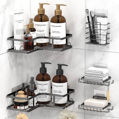 LunaLulinlk 5-pack L-shaped adhesive stainless steel shower rack with 18 hooks, toothpaste holder and soap holder, no drilling required