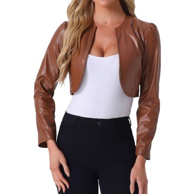 INSPIRE CHIC Women's PU Bolero Open Front Leather Cropped Long Sleeve Jacket